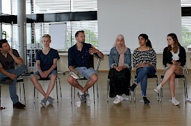 Henning Hupe, Mika Kiefer, Melda Tavsan, Farah Abasi, Elin Händel diskutieren mit dem jungen Theologen Jonas Bedford-Strohhm (3. von links).